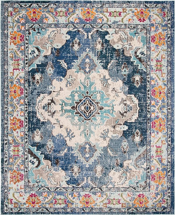 SAFAVIEH Monaco Collection X-Large Area Rug - 11' x 15', Navy & Light Blue, Medallion Distressed Design, Non-Shedding & Easy Care, Ideal for High Traffic Areas in Living Room, Bedroom (MNC243N)