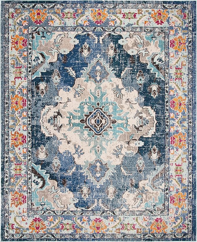 SAFAVIEH Monaco Collection X-Large Area Rug - 12' x 18', Navy & Light Blue, Medallion Distressed Design, Non-Shedding & Easy Care, Ideal for High Traffic Areas in Living Room, Bedroom (MNC243N)
