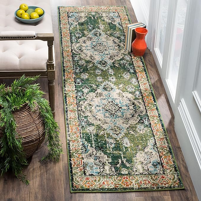 SAFAVIEH Monaco Collection Runner Rug - 2'2" x 20', Forest Green & Light Blue, Medallion Distressed Design, Non-Shedding & Easy Care, Ideal for High Traffic Areas in Living Room, Bedroom (MNC243F)