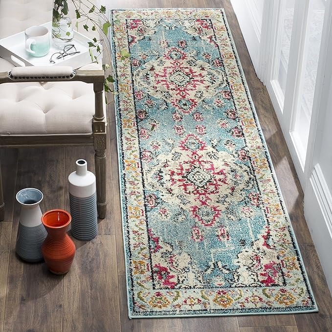 SAFAVIEH Monaco Collection Runner Rug - 2'2" x 16', Light Blue & Fuchsia, Medallion Distressed Design, Non-Shedding & Easy Care, Ideal for High Traffic Areas in Living Room, Bedroom (MNC243J)