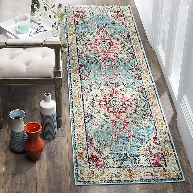 SAFAVIEH Monaco Collection Runner Rug - 2'2" x 12', Light Blue & Fuchsia, Medallion Distressed Design, Non-Shedding & Easy Care, Ideal for High Traffic Areas in Living Room, Bedroom (MNC243J)