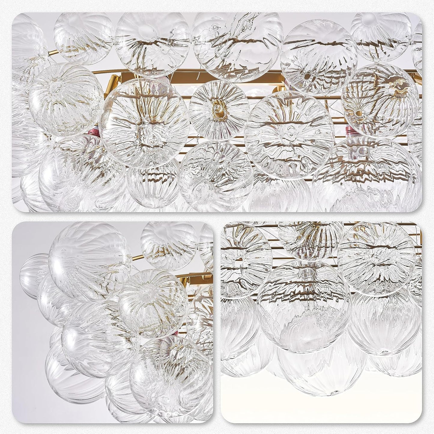 Nordic Bubble Ball Swirled Glass Chandelier 50 inch Rectangular Island Light Fixture Gild Gold and Clear Blown Glass Lighting for Dining Table, Living Room