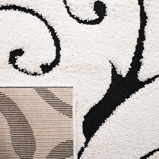SAFAVIEH Florida Shag Collection Area Rug - 4' Square, Ivory & Black, Scroll Design, Non-Shedding & Easy Care, 1.2-inch Thick Ideal for High Traffic Areas in Living Room, Bedroom (SG455-1290)