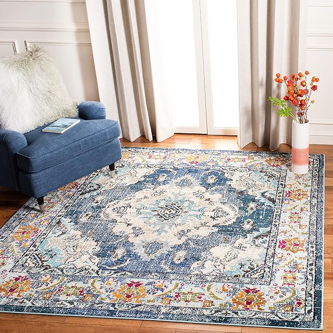 SAFAVIEH Monaco Collection Area Rug - 10' Square, Navy & Light Blue, Boho Chic Medallion Distressed Design, Non-Shedding & Easy Care, Ideal for High Traffic Areas in Living Room, Bedroom (MNC243N)