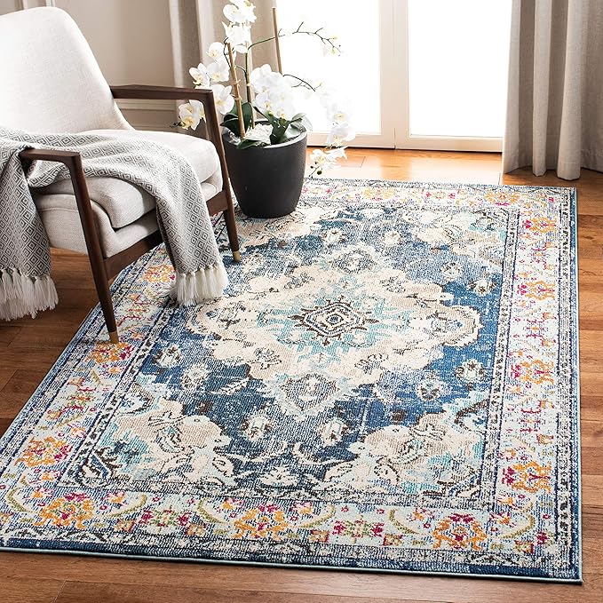 SAFAVIEH Monaco Collection Area Rug - 6'7" x 9'2", Navy & Light Blue, Boho Chic Medallion Distressed Design, Non-Shedding & Easy Care, Ideal for High Traffic Areas in Living Room, Bedroom (MNC243N)