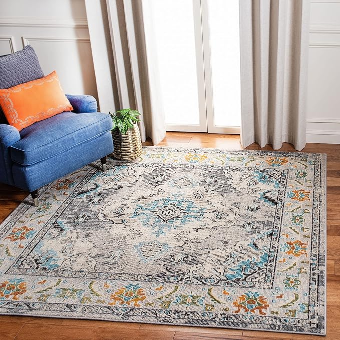 SAFAVIEH Monaco Collection Area Rug - 5' Square, Grey & Light Blue, Boho Chic Medallion Distressed Design, Non-Shedding & Easy Care, Ideal for High Traffic Areas in Living Room, Bedroom (MNC243G)