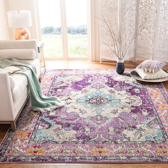 SAFAVIEH Monaco Collection Area Rug - 9' x 12', Violet & Light Blue, Boho Chic Medallion Distressed Design, Non-Shedding & Easy Care, Ideal for High Traffic Areas in Living Room, Bedroom (MNC243L)