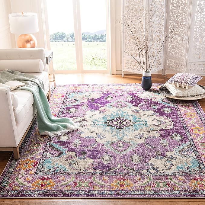 SAFAVIEH Monaco Collection Area Rug - 8' x 10', Violet & Light Blue, Boho Chic Medallion Distressed Design, Non-Shedding & Easy Care, Ideal for High Traffic Areas in Living Room, Bedroom (MNC243L)