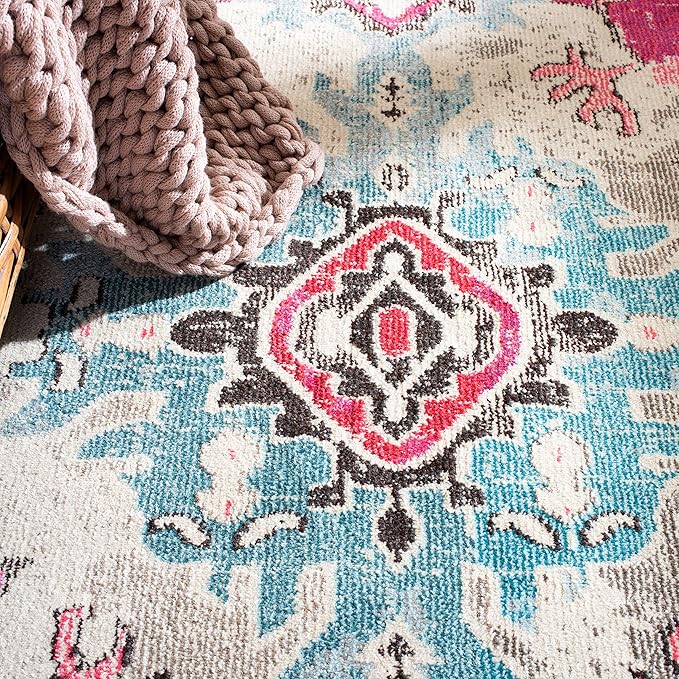 SAFAVIEH Monaco Collection Area Rug - 9' x 12', Pink & Multi, Boho Chic Medallion Distressed Design, Non-Shedding & Easy Care, Ideal for High Traffic Areas in Living Room, Bedroom (MNC243D)