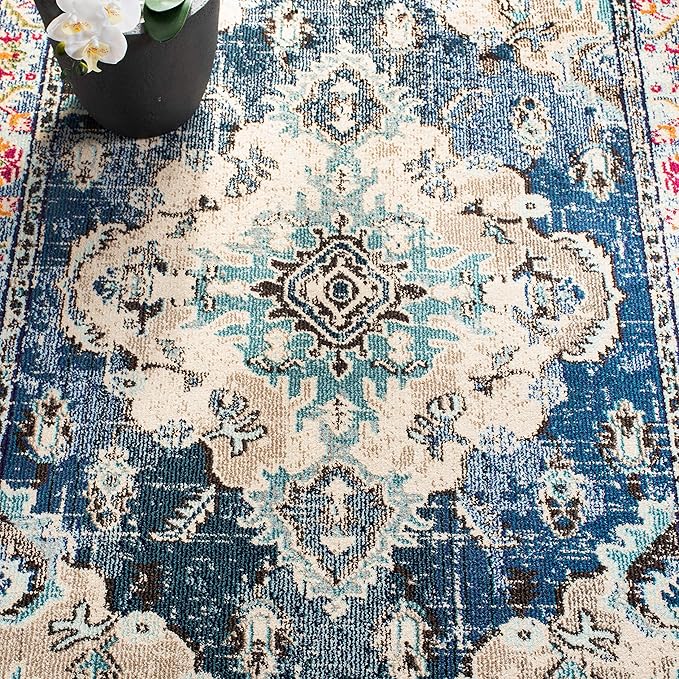 SAFAVIEH Monaco Collection Area Rug - 4' Square, Navy & Light Blue, Boho Chic Medallion Distressed Design, Non-Shedding & Easy Care, Ideal for High Traffic Areas in Living Room, Bedroom (MNC243N)