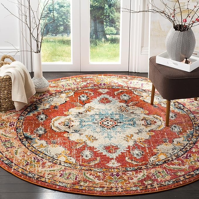 SAFAVIEH Monaco Collection Area Rug - 8'8" Round, Orange & Light Blue, Boho Chic Medallion Distressed Design, Non-Shedding & Easy Care, Ideal for High Traffic Areas in Living Room, Bedroom (MNC243H)