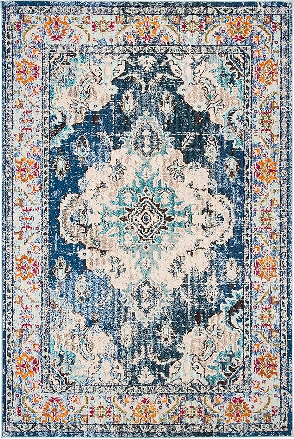 SAFAVIEH Monaco Collection Area Rug - 5'1" x 7'7", Navy & Light Blue, Boho Chic Medallion Distressed Design, Non-Shedding & Easy Care, Ideal for High Traffic Areas in Living Room, Bedroom (MNC243N)