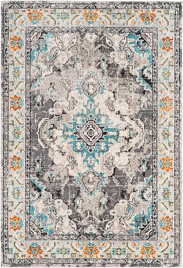SAFAVIEH Monaco Collection Area Rug - 6'7" x 9'2", Grey & Light Blue, Boho Chic Medallion Distressed Design, Non-Shedding & Easy Care, Ideal for High Traffic Areas in Living Room, Bedroom (MNC243G)