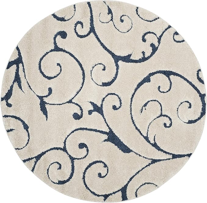 SAFAVIEH Florida Shag Collection Area Rug - 5' Round, Cream & Blue, Scroll Design, Non-Shedding & Easy Care, 1.2-inch Thick Ideal for High Traffic Areas in Living Room, Bedroom (SG455-1165)