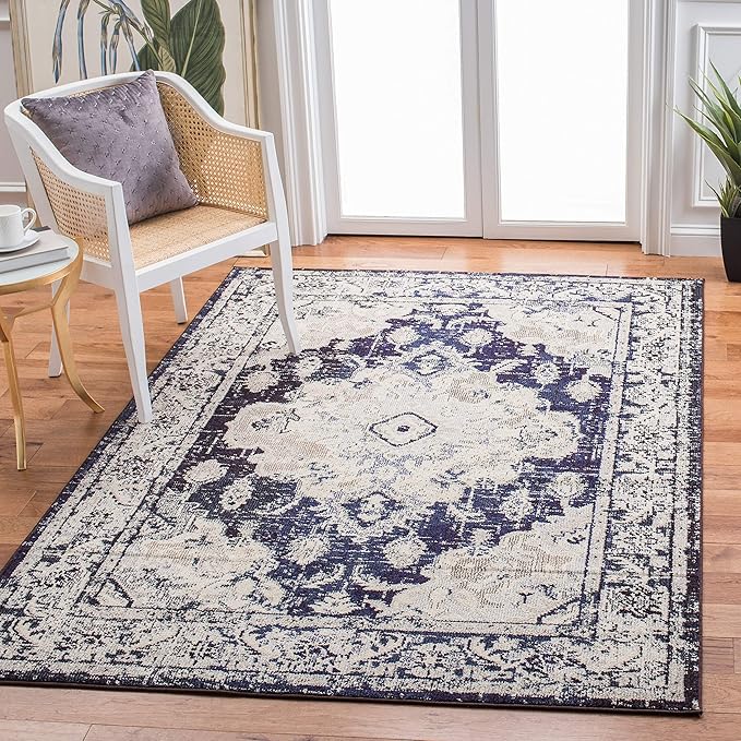SAFAVIEH Monaco Collection Accent Rug - 4' x 5'7", Ivory & Navy, Boho Medallion Distressed Design, Non-Shedding & Easy Care, Ideal for High Traffic Areas in Entryway, Living Room, Bedroom (MNC243C)