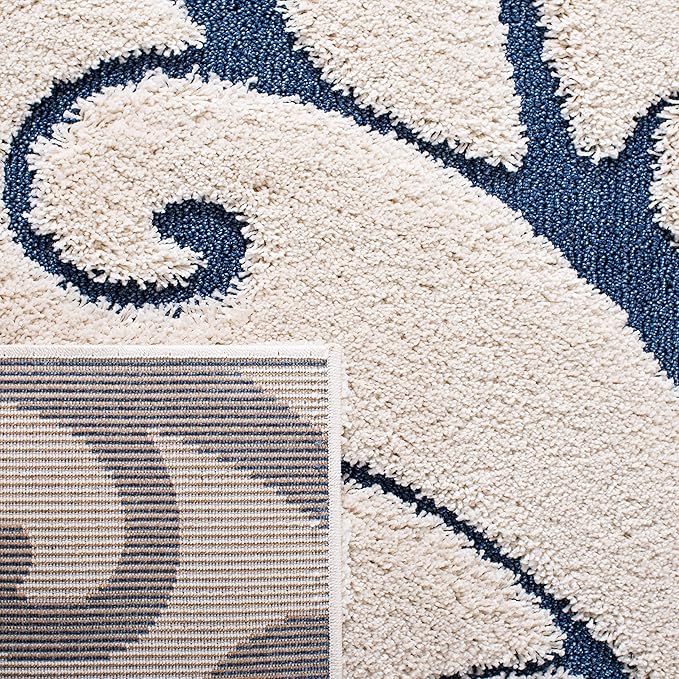 SAFAVIEH Florida Shag Collection Area Rug - 11' Round, Cream & Blue, Scroll Design, Non-Shedding & Easy Care, 1.2-inch Thick Ideal for High Traffic Areas in Living Room, Bedroom (SG455-1165)