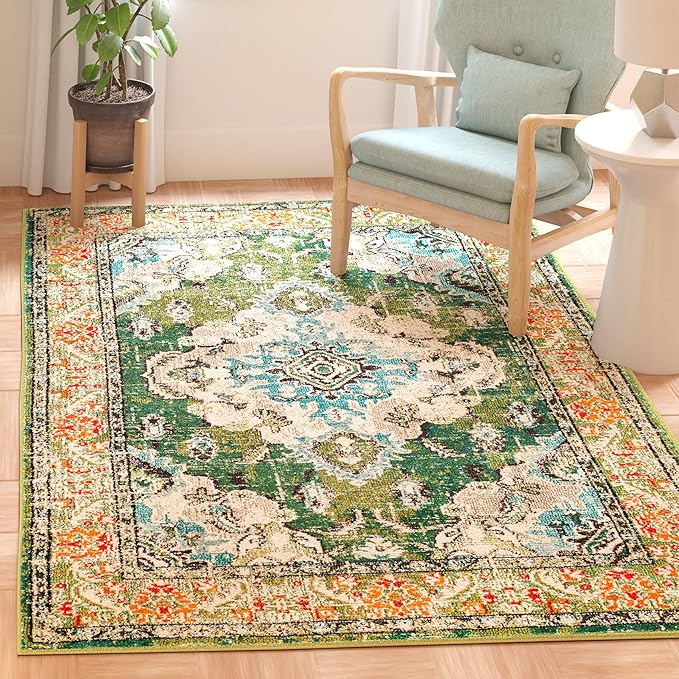 SAFAVIEH Monaco Collection Area Rug - 5'1" x 7'7", Forest Green & Light Blue, Medallion Distressed Design, Non-Shedding & Easy Care, Ideal for High Traffic Areas in Living Room, Bedroom (MNC243F)