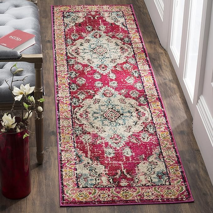 SAFAVIEH Monaco Collection Runner Rug - 2'2" x 12', Pink & Multi, Boho Chic Medallion Distressed Design, Non-Shedding & Easy Care, Ideal for High Traffic Areas in Living Room, Bedroom (MNC243D)