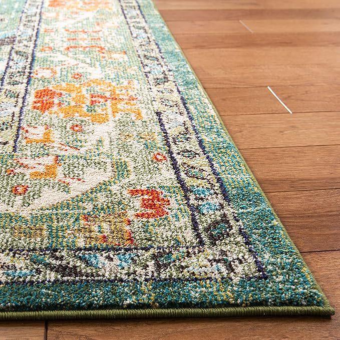 SAFAVIEH Monaco Collection Area Rug - 12' Square, Forest Green & Light Blue, Medallion Distressed Design, Non-Shedding & Easy Care, Ideal for High Traffic Areas in Living Room, Bedroom (MNC243F)