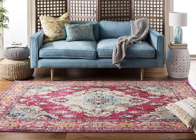 SAFAVIEH Monaco Collection Area Rug - 8' x 10', Pink & Multi, Boho Chic Medallion Distressed Design, Non-Shedding & Easy Care, Ideal for High Traffic Areas in Living Room, Bedroom (MNC243D)