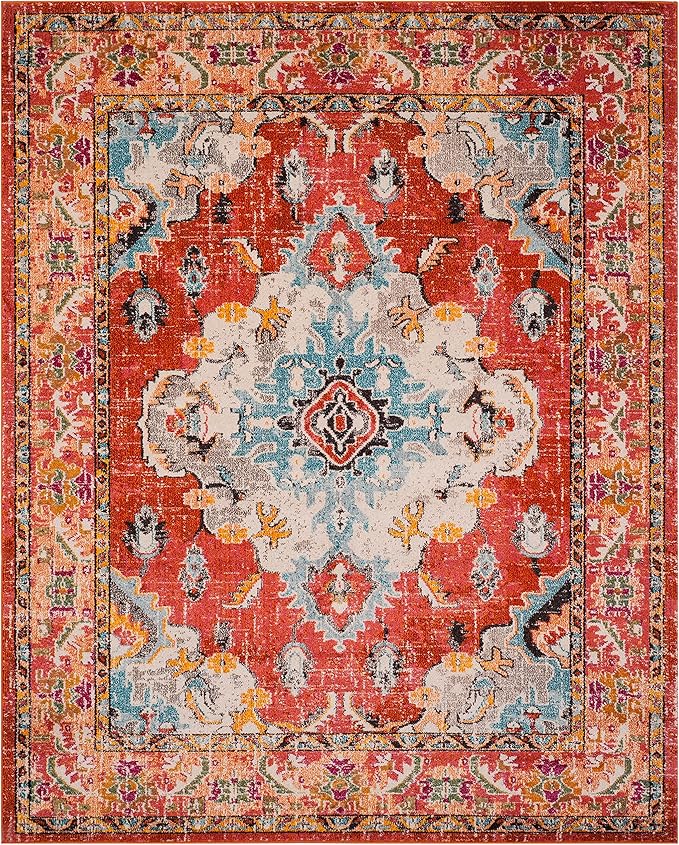 SAFAVIEH Monaco Collection Area Rug - 9' x 12', Orange & Light Blue, Boho Chic Medallion Distressed Design, Non-Shedding & Easy Care, Ideal for High Traffic Areas in Living Room, Bedroom (MNC243H)
