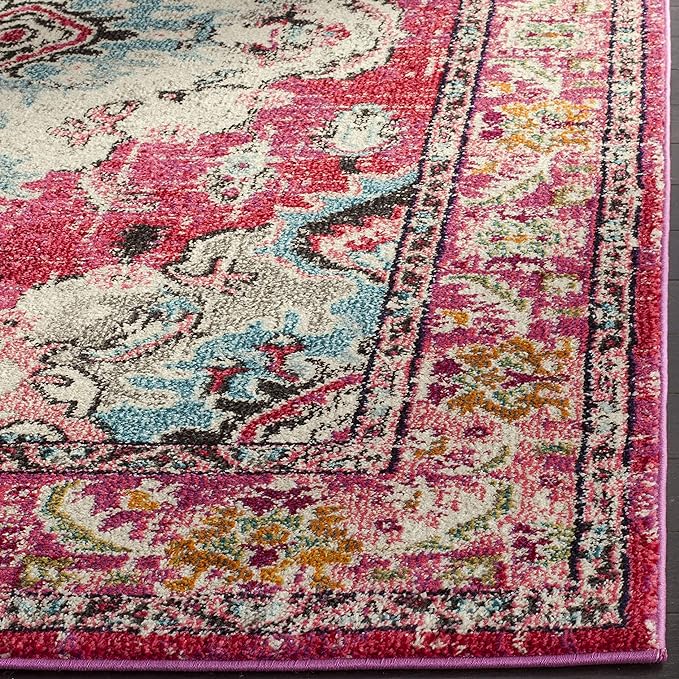 SAFAVIEH Monaco Collection Area Rug - 8'8" Square, Pink & Multi, Boho Chic Medallion Distressed Design, Non-Shedding & Easy Care, Ideal for High Traffic Areas in Living Room, Bedroom (MNC243D)
