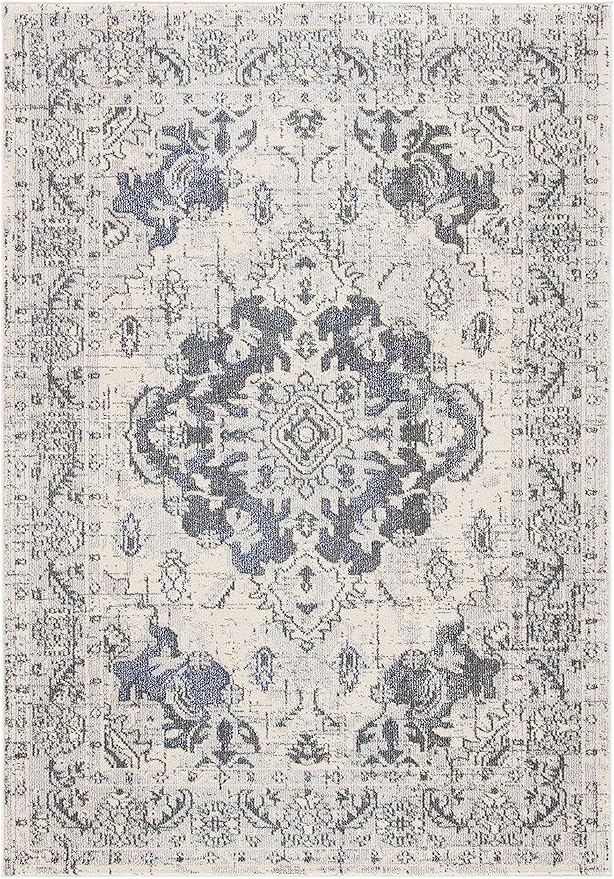 SAFAVIEH Monaco Collection Area Rug - 9' x 12', Ivory & Grey, Boho Chic Medallion Distressed Design, Non-Shedding & Easy Care, Ideal for High Traffic Areas in Living Room, Bedroom (MNC243B)