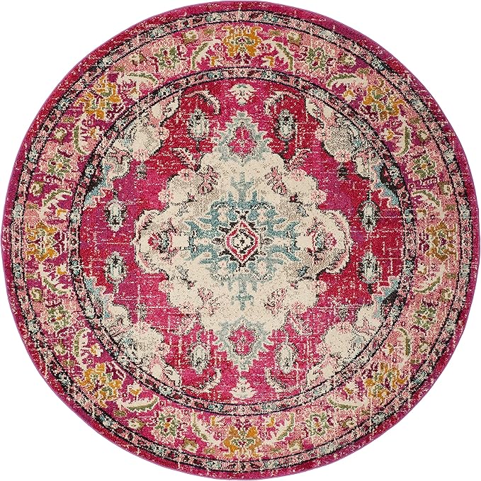 SAFAVIEH Monaco Collection Area Rug - 3' Round, Pink & Multi, Boho Chic Medallion Distressed Design, Non-Shedding & Easy Care, Ideal for High Traffic Areas in Living Room, Bedroom (MNC243D)