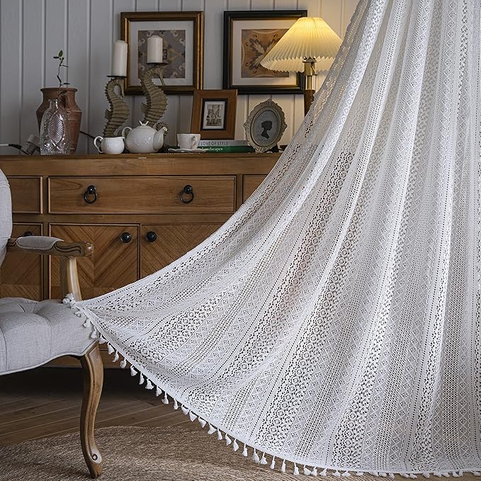 WAZZIO Boho Lace Curtains 84 Inches 2 Panel, Light Filtering Privacy Tassel & - Image 4