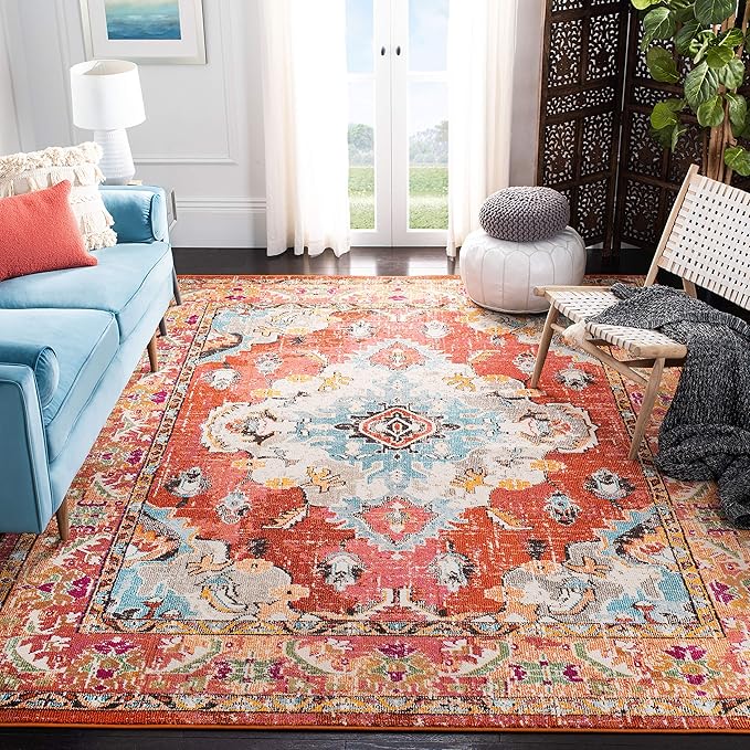 SAFAVIEH Monaco Collection X-Large Area Rug - 11' x 15', Orange & Light Blue, Medallion Distressed Design, Non-Shedding & Easy Care, Ideal for High Traffic Areas in Living Room, Bedroom (MNC243H)