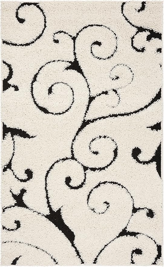 SAFAVIEH Florida Shag Collection Area Rug - 5'3" x 7'6", Ivory & Black, Scroll Design, Non-Shedding & Easy Care, 1.2-inch Thick Ideal for High Traffic Areas in Living Room, Bedroom (SG455-1290)