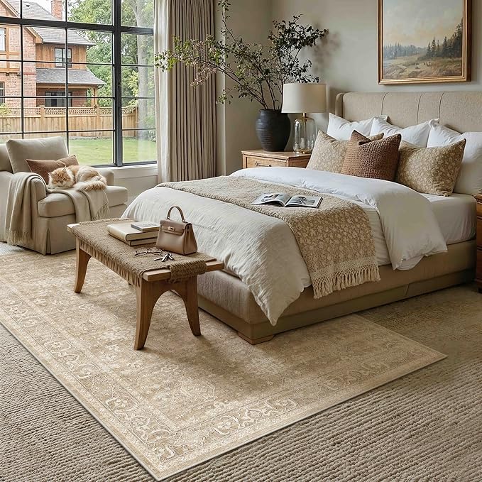 5x7 Washable Area Rug for Living Room Bedroom Vintage Beige Soft Low Pile - Image 3