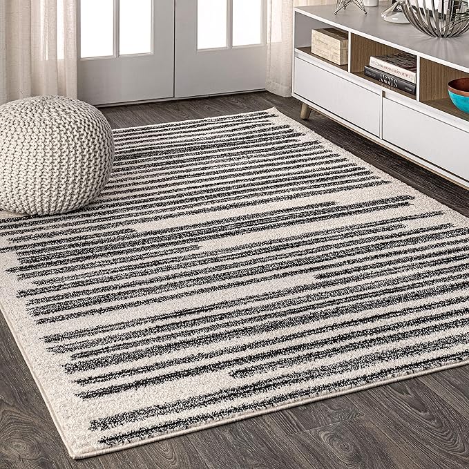 JONATHAN Y Khalil Modern Berber Stripe Cream/Black Indoor Area Rug, 9x12, Contemporary, Bohemian, Easy-Cleaning for Living Room, Bedroom, Kitchen, Pet Friendly, Non-Shedding (MOH207A-9)