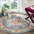 SAFAVIEH Monaco Collection Area Rug - 5' Round, Light Blue & Fuchsia, Boho Chic Medallion Distressed Design, Non-Shedding & Easy Care, Ideal for High Traffic Areas in Living Room, Bedroom (MNC243J)