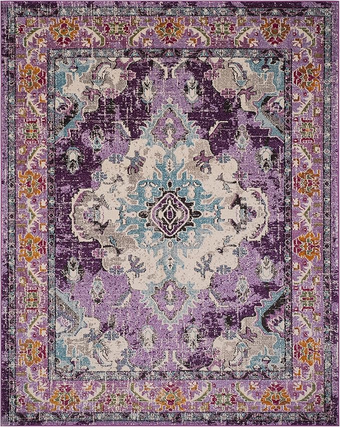 SAFAVIEH Monaco Collection X-Large Area Rug - 11' x 15', Violet & Light Blue, Medallion Distressed Design, Non-Shedding & Easy Care, Ideal for High Traffic Areas in Living Room, Bedroom (MNC243L)