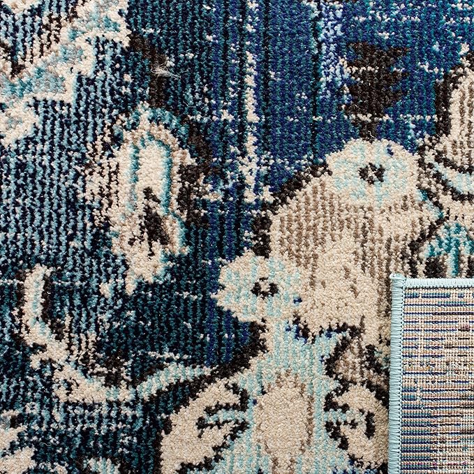 SAFAVIEH Monaco Collection Area Rug - 4' Square, Navy & Light Blue, Boho Chic Medallion Distressed Design, Non-Shedding & Easy Care, Ideal for High Traffic Areas in Living Room, Bedroom (MNC243N)