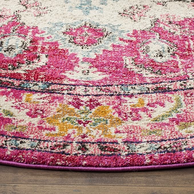 SAFAVIEH Monaco Collection Area Rug - 4' Round, Pink & Multi, Boho Chic Medallion Distressed Design, Non-Shedding & Easy Care, Ideal for High Traffic Areas in Living Room, Bedroom (MNC243D)