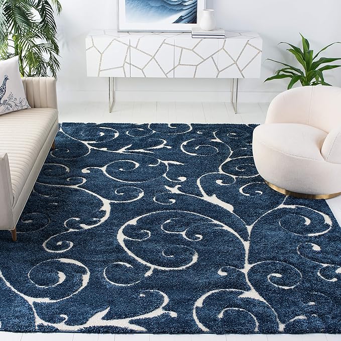 SAFAVIEH Florida Shag Collection X-Large Area Rug - 11' x 15', Dark Blue & Cream, Non-Shedding & Easy Care, 1.2-inch Thick Ideal for High Traffic Areas in Living Room, Bedroom (SG455-6511)