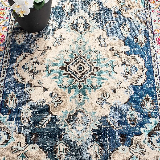 SAFAVIEH Monaco Collection Area Rug - 12' Square, Navy & Light Blue, Boho Chic Medallion Distressed Design, Non-Shedding & Easy Care, Ideal for High Traffic Areas in Living Room, Bedroom (MNC243N)