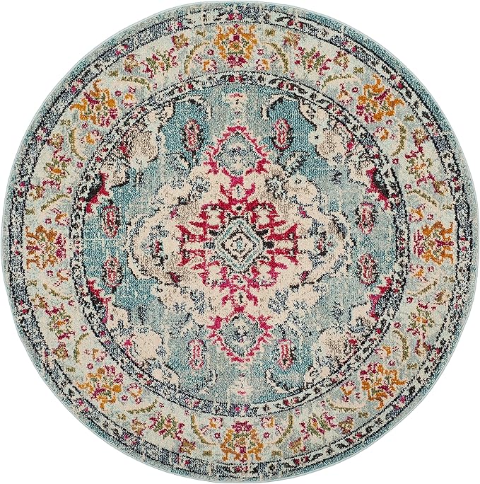 SAFAVIEH Monaco Collection Area Rug - 11' Round, Light Blue & Fuchsia, Boho Chic Medallion Distressed Design, Non-Shedding & Easy Care, Ideal for High Traffic Areas in Living Room, Bedroom (MNC243J)