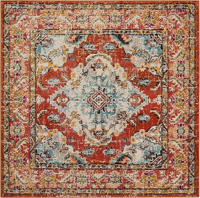 SAFAVIEH Monaco Collection Area Rug - 4' Square, Orange & Light Blue, Boho Chic Medallion Distressed Design, Non-Shedding & Easy Care, Ideal for High Traffic Areas in Living Room, Bedroom (MNC243H)