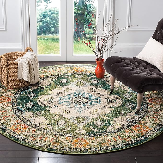 SAFAVIEH Monaco Collection Area Rug - 12' Round, Forest Green & Light Blue, Medallion Distressed Design, Non-Shedding & Easy Care, Ideal for High Traffic Areas in Living Room, Bedroom (MNC243F)