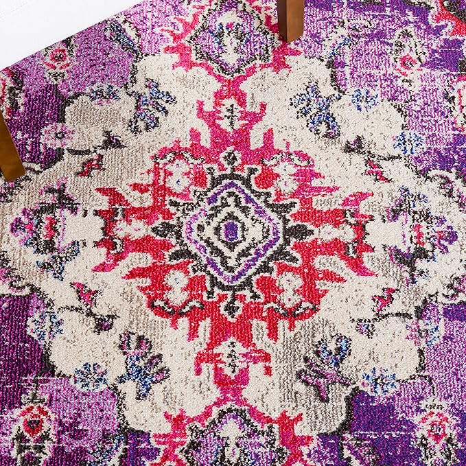 SAFAVIEH Monaco Collection Area Rug - 6'7" x 9'2", Violet & Fuchsia, Boho Chic Medallion Distressed Design, Non-Shedding & Easy Care, Ideal for High Traffic Areas in Living Room, Bedroom (MNC243P)