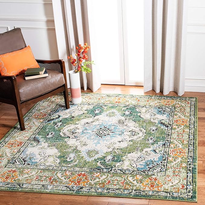 SAFAVIEH Monaco Collection Area Rug - 12' Square, Forest Green & Light Blue, Medallion Distressed Design, Non-Shedding & Easy Care, Ideal for High Traffic Areas in Living Room, Bedroom (MNC243F)