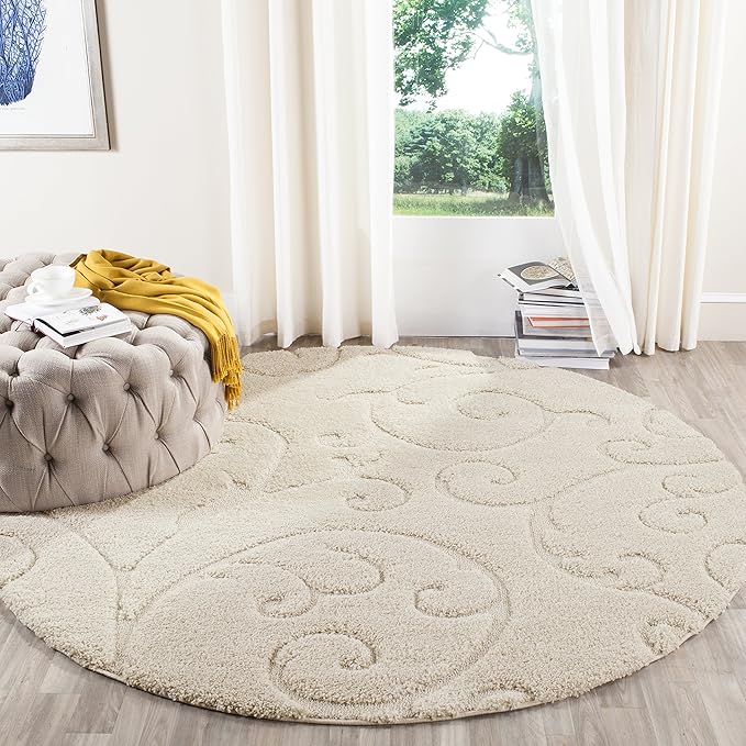 SAFAVIEH Florida Shag Collection Area Rug - 8' Round, Creme & Creme, Scroll Design, Non-Shedding & Easy Care, 1.2-inch Thick Ideal for High Traffic Areas in Living Room, Bedroom (SG455-1111)