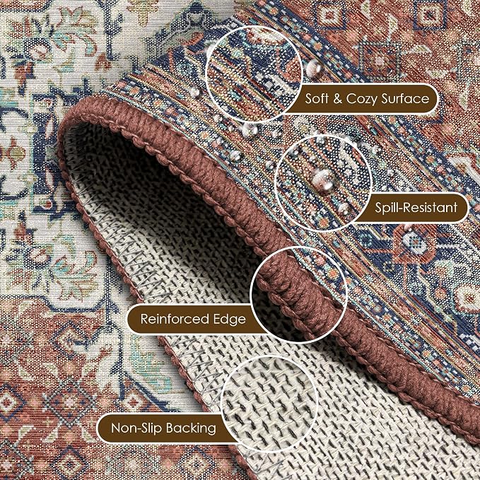 Washable Area Rug 6' x 9' Vintage Traditional Persian Mat - Image 6