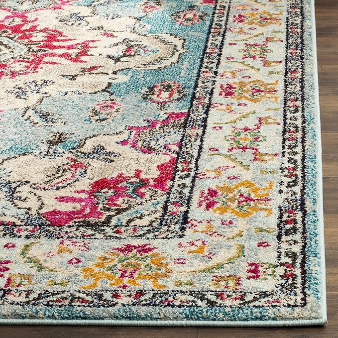 SAFAVIEH Monaco Collection Area Rug - 3' Square, Light Blue & Fuchsia, Boho Chic Medallion Distressed Design, Non-Shedding & Easy Care, Ideal for High Traffic Areas in Living Room, Bedroom (MNC243J)