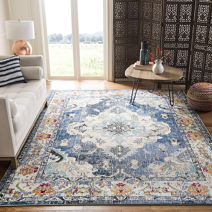 SAFAVIEH Monaco Collection Area Rug - 9' x 12', Navy & Light Blue, Boho Chic Medallion Distressed Design, Non-Shedding & Easy Care, Ideal for High Traffic Areas in Living Room, Bedroom (MNC243N)