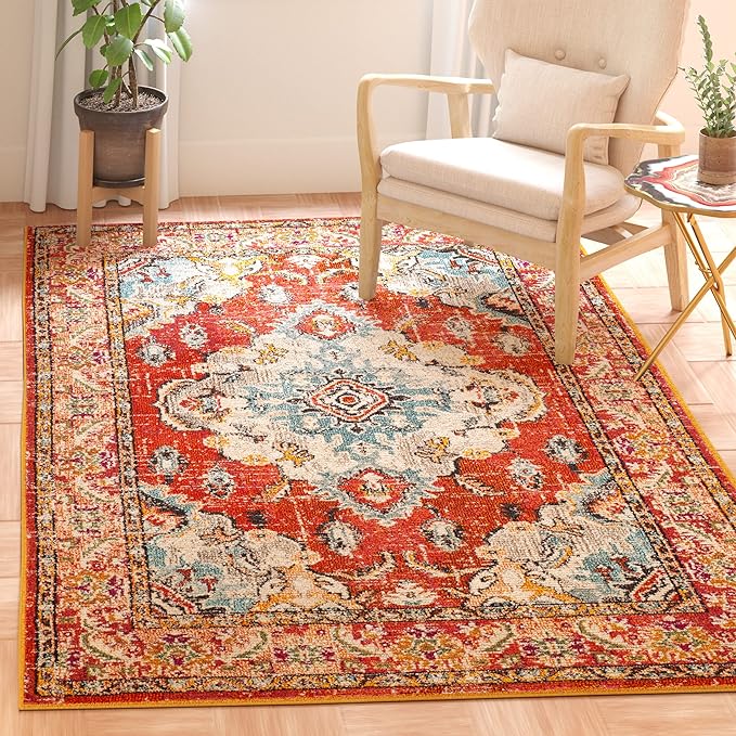 SAFAVIEH Monaco Collection Area Rug - 5'1" x 7'7", Orange & Light Blue, Boho Chic Medallion Distressed Design, Non-Shedding & Easy Care, Ideal for High Traffic Areas in Living Room, Bedroom (MNC243H)