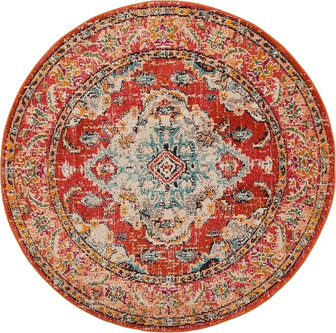 SAFAVIEH Monaco Collection Area Rug - 4' Round, Orange & Light Blue, Boho Chic Medallion Distressed Design, Non-Shedding & Easy Care, Ideal for High Traffic Areas in Living Room, Bedroom (MNC243H)